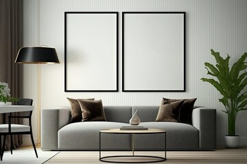 mock up poster frame in modern interior background, interior space, living room, Contemporary style, 3D render, 3D illustration