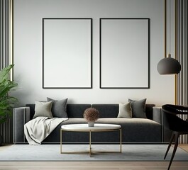 mock up poster frame in modern interior background, interior space, living room, Contemporary style, 3D render, 3D illustration