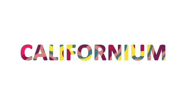Multi-colored inscription Element of periodic table CALIFORNIUM with colored spots floating inside. Looped from frame 120 to 839, Alpha BW at the end
