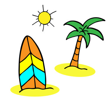 Colorful doodle palm tree and surfboard illustration in vector.Palm and surfboard vector illustration on white bacground