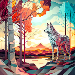 Wolf Full Colours Painting Illustration. Generative AI