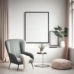 mock up poster frame in modern interior background  living room  Scandinavian style  3D render  3D illustration