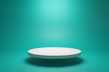 White podium shelf or empty pedestal display on vivid green summer background with minimal style. Blank stand for showing product. 3D rendering.
