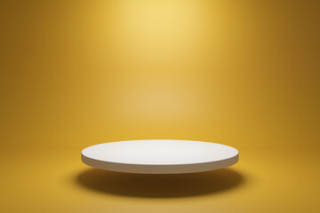 White podium shelf or empty pedestal display on vivid yellow summer background with minimal style. Blank stand for showing product. 3D rendering.
