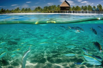 Emerald beaches and resorts with a view of fish, Generative AI