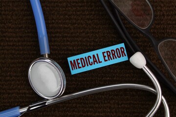 stethoscope and glasses with the word MEDICAL ERROR. the concept of medical failure