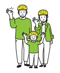 Parent and child 3 line drawings wearing helmets
