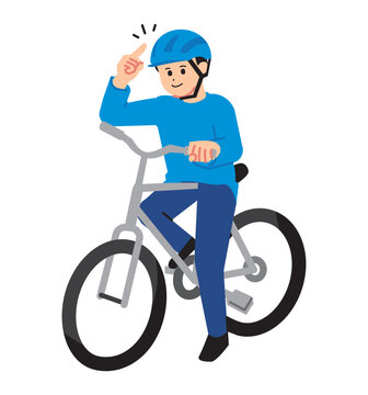 A person riding a bicycle and pointing at a helmet No main line
