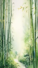 Watercolor Light Bamboo forest with side view and simple white background, with Small river, Generate Ai