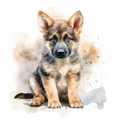 cute fluffy watercolor of a German Shepard puppy on background, Generate Ai