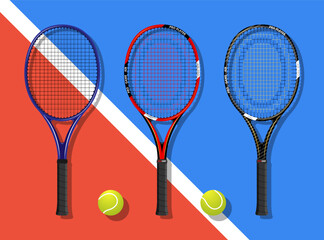 Set Tennis rackets with tennis balls on a tennis court