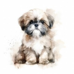 cute fluffy watercolor of a shih Tzu puppy on background, Generate Ai
