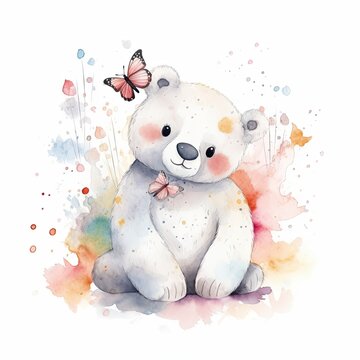 cute little white bear with butterflies, watercolor, light and pastel colors on white background, generat ai