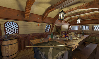 Obraz na płótnie Canvas Old Pirate ship cabin interior 3d illustration