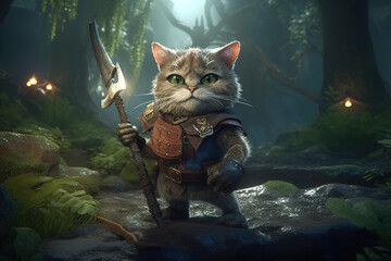 Fighting cat, fluffy pet medieval warrior with weapons in a fairy forest. Fantasy animal illustration, Generative AI