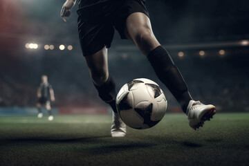 Football match, sport. Football player in uniform playing with the ball in the stadium, close-up of the legs. Generative AI