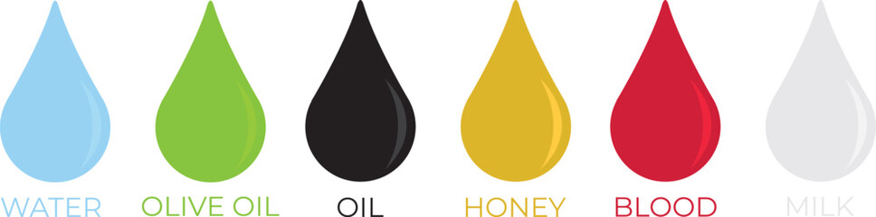 Different liquids drops. Colorful droplets of oil, honey and milk, water. Petrol and blood falling drop realistic, gold and white lubricant ink colors dropped vector set