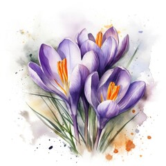 free crocuses flowers water color, pastel ,white background , generat ai