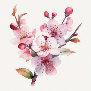 free cherry blossom flowers water color, pastel color with white background, generat ai
