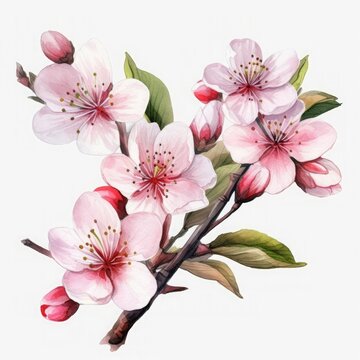 free cherry blossom flowers water color, pastel color with white background, generat ai