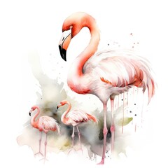 free mother flamingo with flamingo child water color, pastel color with white background, generat ai