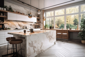 Contemporary kitchen with a minimalist design, featuring a white countertop and sleek wooden stools, AI Generative.