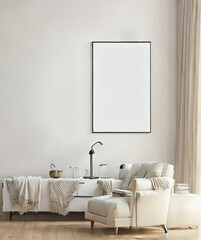 Mockup poster frame on the wall of living room with kitchen and dining room. Luxurious apartment background with contemporary design. Modern interior design. 3D render, 3D illustration