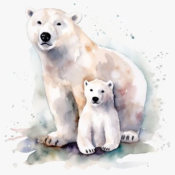 free mother white bear with white bear child water color, pastel ,white background , generat ai