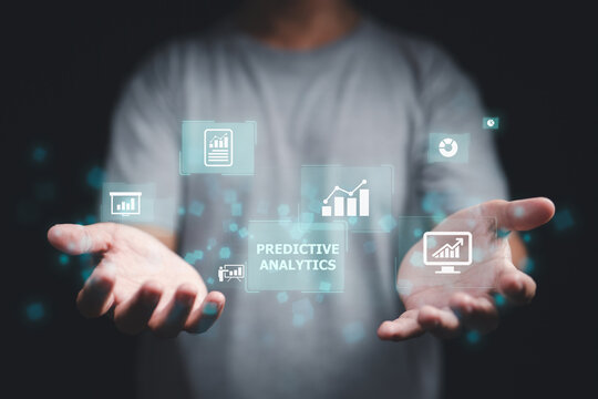 Concept of predictive analytics, big data analysis, business intelligence, and modern technology, presented on a virtual screen.