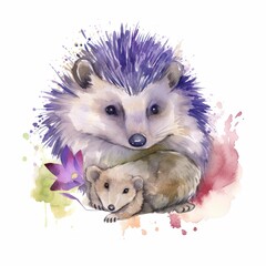 free wolf hedgehog with hedgehog child water color, pastel ,white background , generat ai