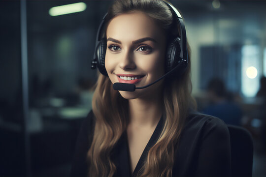 Friendly attractive smiling female call centre worker - Generative AI