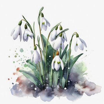 free snowdrops flowers water color, pastel ,white background , generat ai