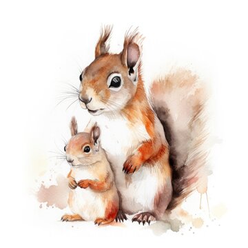free squirrel mother with squirrel child water color, pastel ,white background , generat ai