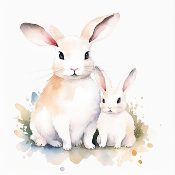 free white bunny mother with white bunny child water color, pastel ,white background, generat ai