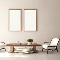 mock up poster frame in modern interior background, interior space, living room, Contemporary style, 3D render, 3D illustration