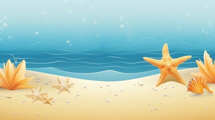 Flat background illustration of a sandy beach with starfish and seashells