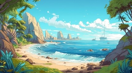 beach at a tropical island landscape , cartoon style , 4k, generat ai