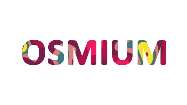 Multi-colored inscription Element of periodic table OSMIUM with colored spots floating inside. Looped from frame 120 to 839, Alpha BW at the end