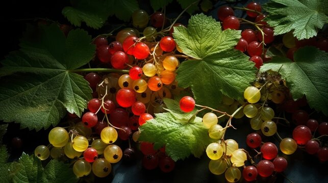 an image of red currant berries and yellow leaves, in the style of light red and light emerald, generat ai