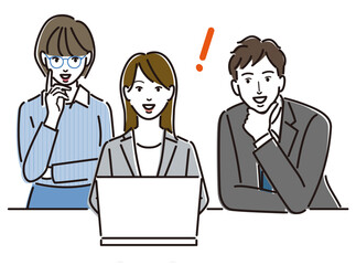 ノートパソコン　打ち合わせ　チームワーク　ビックリマーク　三人 　