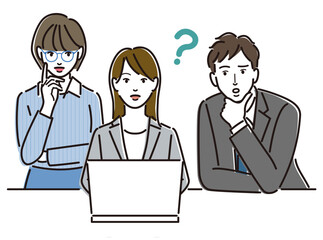 ノートパソコン　打ち合わせ　チームワーク　はてなマーク　三人 　