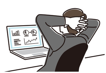 頭の後ろで手を組むビジネスマン　後ろ姿　グラフ　一休み