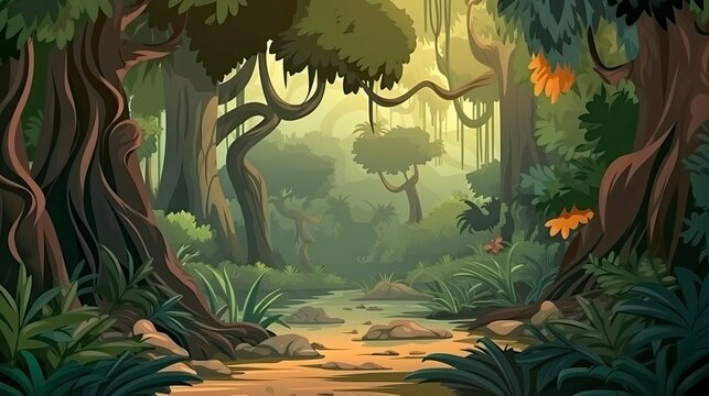 Jungle with trees scene in a cartoon theme, generat ai