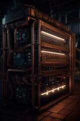 hyperrealistic photo of steampunk crypto mining server, ultra details, dramatic lighting, octane render, ultra quality, 16k, generat ai