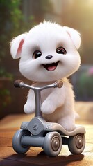super cute adorable fluffy little puppy smiling happily, very happy, riding an electric scooter with a rugosa basket to send rugosa, generat ai