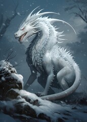 a white dragon walking in the snow, in the style of otherworldly illustrations, gigantic scale, eerily realistic, anime-inspired characters, weathercore, enigmatic portraits, spiky mounds, generat ai