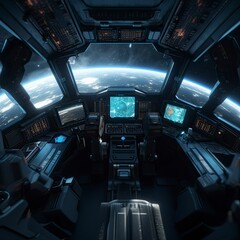 an empty spaceship cockpit with detailed controls and a great view into space. High resolution, realistic, 8k, generat ai