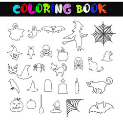 Set of halloween clipart coloring book. Funny, cute illustration for seasonal design, textile, decoration kids playroom or greeting card. Hand drawn prints and doodle.