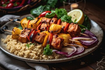 Vegan Kebab Featuring Marinated Jackfruit And Grilled Vegetables, Served With Side Of Quinoa Or Rice. Generative AI