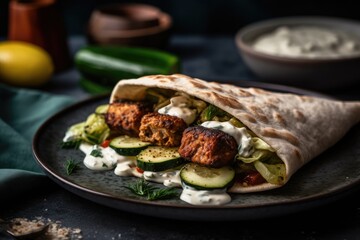 Vegan Kebab With Greek Twist, Featuring Marinated Tempeh, Grilled Zucchini, And Side Of Tzatziki Sauce. Generative AI
